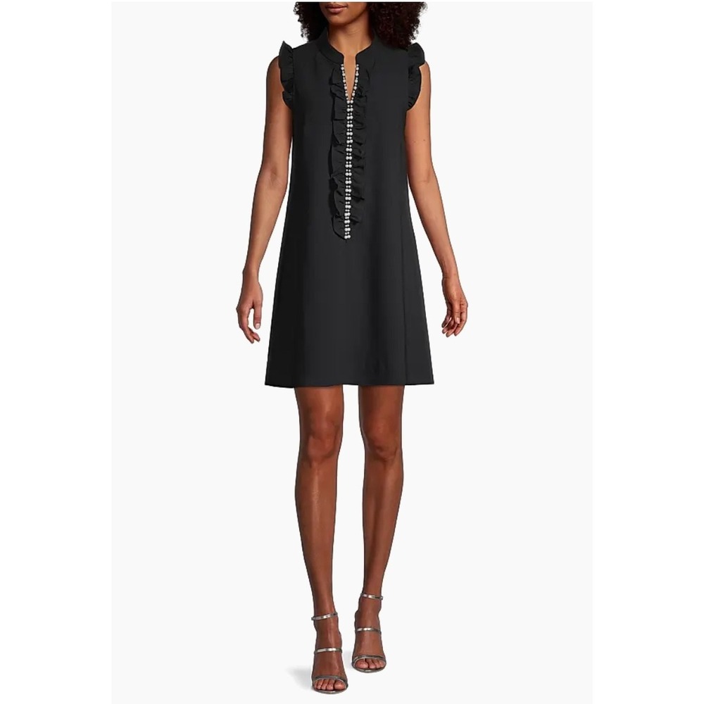 Lilly Pulitzer Adalee Black Pearl Embellished Ruffle V-Neck Shift Dress Size 12